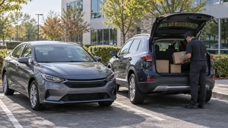 Delivery driver loading packages into a rental car in Maryland
